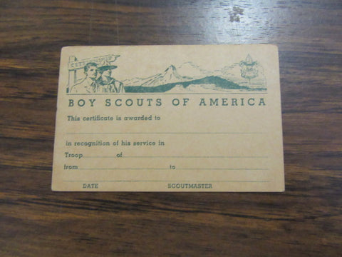 BSA Troop Service Pocket Certificate, Vintage