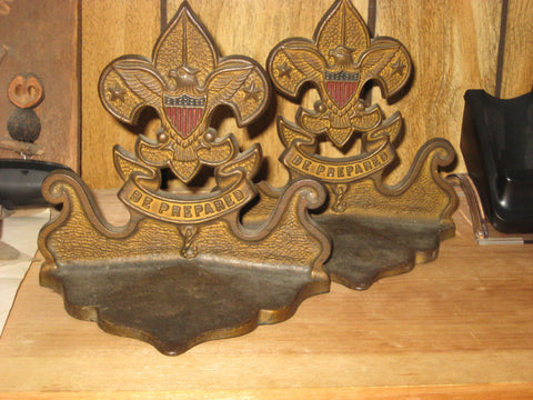 Boy Scout 1940s Metal First Class Bookends, colored shield