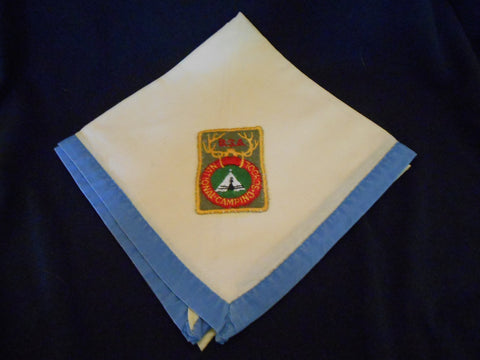 National Camping School, ce Pocket Patch on White Neckerchief with Blue Ribbon