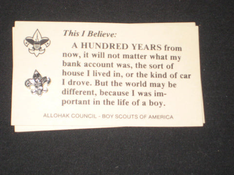 Allohak Council This I Believe Card with Silver Lapel Pin