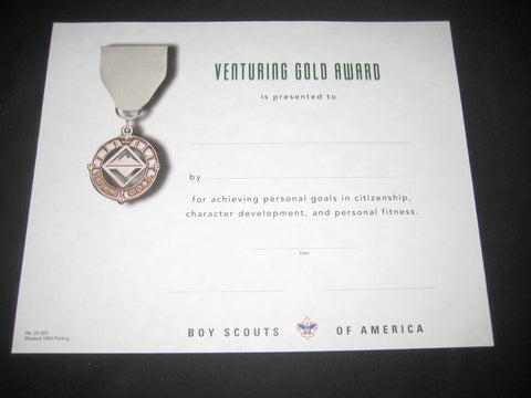 Venturing Gold Award Certificate 1999