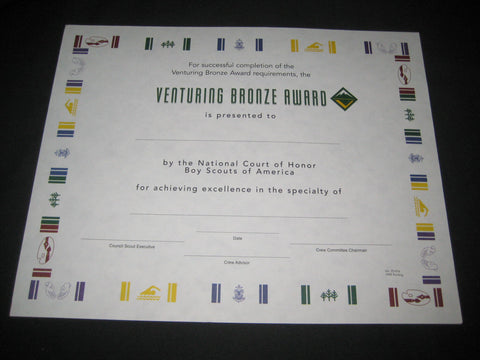 Venturing Bronze Award Certificate 1999