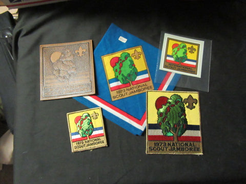1973 National Jamboree Leather, Pocket & Jacket Patches, Decal & Neckerchief